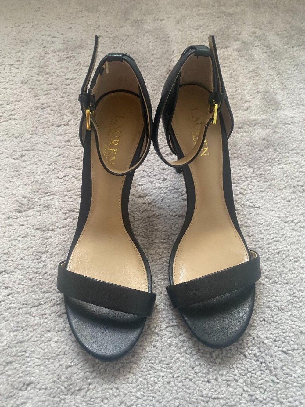 Lauren Ralph Lauren Tarah Black Leather Ankle Strap Heels Size 8.5 — Stiletto